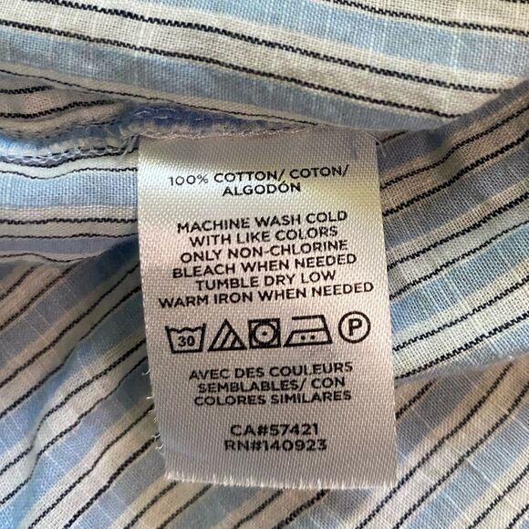 LOFT Blue and White Striped Cotton Ruffle Shoulder Tie Neck Peplum Blouse - Picture 10 of 10